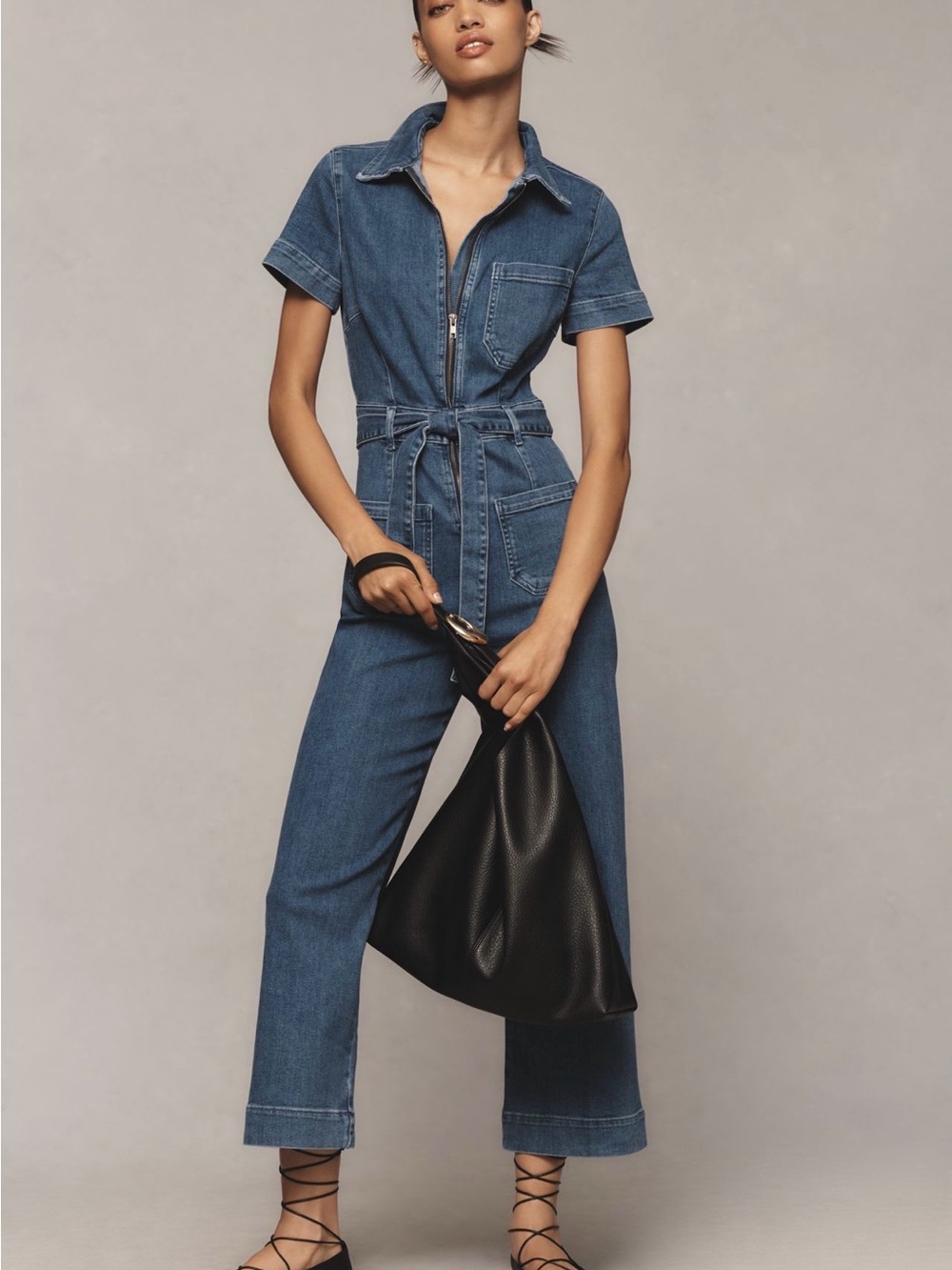 Anthropologie Maeve Colette Weekend Denim Short-Sleeve Tie-Waist Jumpsuit